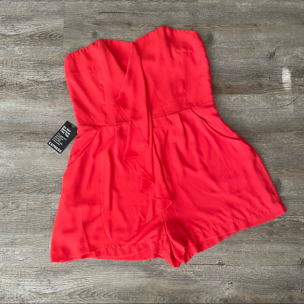 NWT! Express Orange Short Romper w/ ruffle front & pockets!